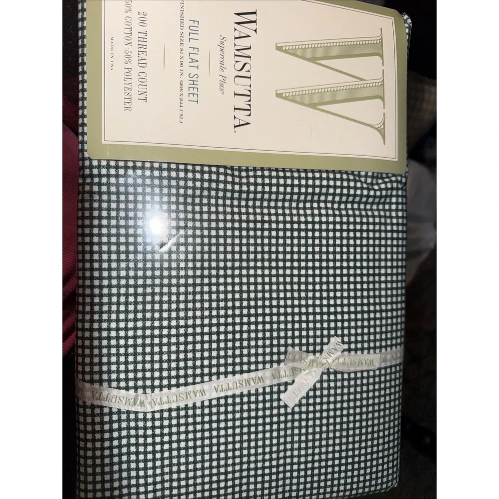 Wamsutta-Supercale Plus-Full Flat Sheet-Green Gingham 200 Thread Count